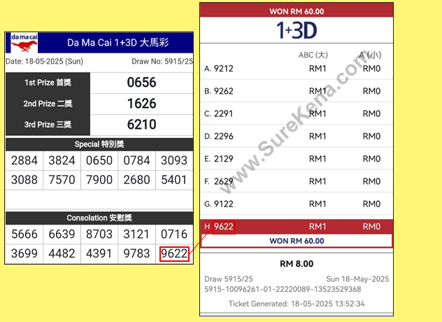 Damacai 4D Result - 18 May 2025
