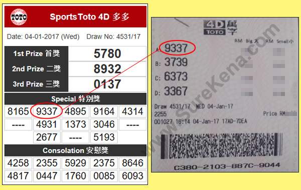 Toto 4D Result - 4 January 2017