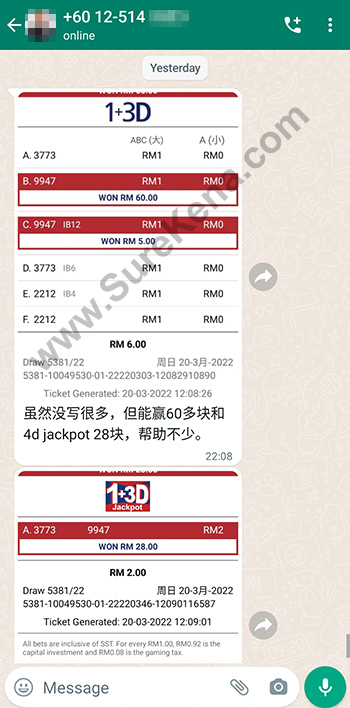 whatsapp lottery 4d win ticket