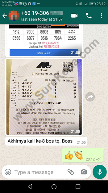 whatsapp lottery 4d win ticket