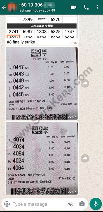 whatsapp lottery 4d win ticket